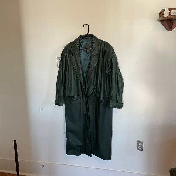 VTG Green 100% Leather Trench Coat Jacqueline Ferrar Forest Green SZ LARGE EUC - Picture 12 of 12